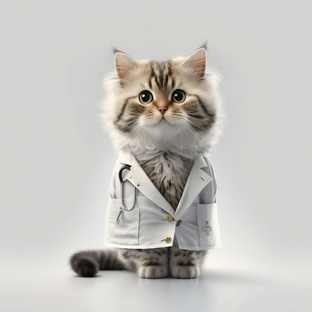 Cute cat in a doctor's coat with a stethoscope vet pet funny kitten medicine generated aiの素材