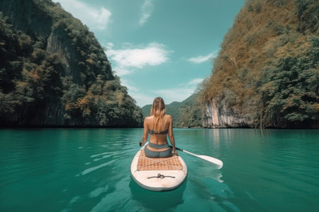 Young woman paddling on sup board stand up paddle board in a tropical sea ocean travel back generated aiの素材