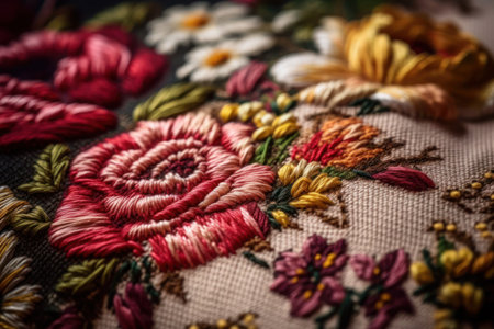 Colorful floral embroidery flowers roses fabric close-up niddlework handmade craft hobby classy traditionalの素材