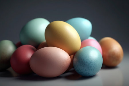 Colorful Easter eggs on a gray background Selective focus generated aiの素材