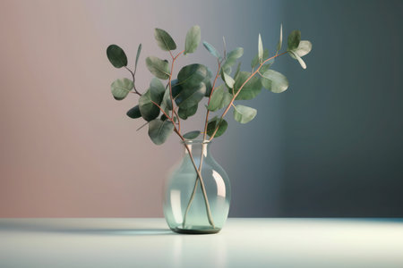 Glass vase with eucalyptus branches on white table modern minimalism decor pastel generatied aiの素材