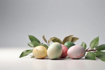 Easter eggs with green leaves on a white background pasel modern minimalism decor copy space generated aiの素材