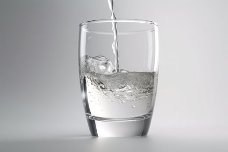 Water pouring into a glass on a gray background with copy space water splash clean generated aiの素材