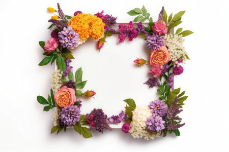 Frame made of flowers on a white background. Flat lay, top view.の素材