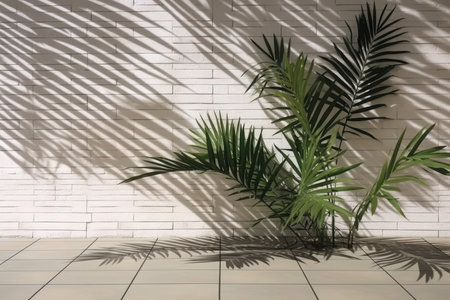 Palm leaves on a white brick wall. 3d rendering.の素材