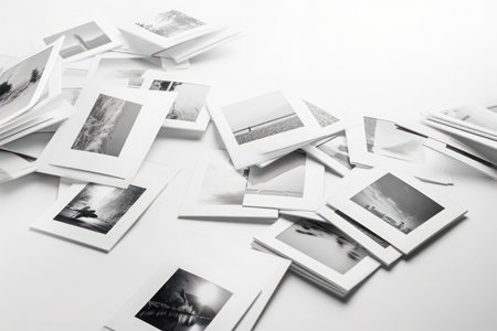 stack of old photos on a white background. black and white photoの素材