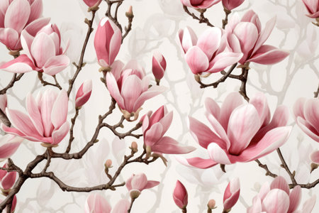 Pink magnolia flowers on white background, created using generative ai technology. Magnolia, flower, nature and spring concept digitally generated image.の素材