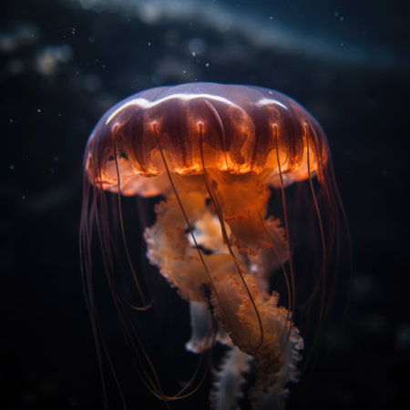 Close up of orange glowing jellyfish underwater, created using generative ai technology. Ocean life, fish and beauty in nature concept digitally generated image.の素材