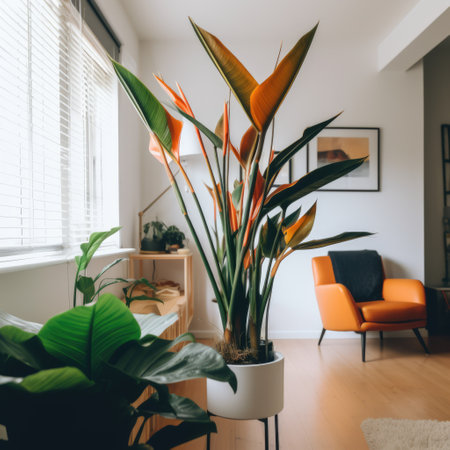 Close up of bird of paradise plant and flower in living room, created using generative ai technology. Plant, flower, nature and home decor concept digitally generated image.の素材