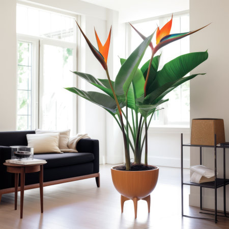 Bird of paradise plant and flower in living room, created using generative ai technology. Plant, flower, nature and home decor concept digitally generated image.の素材
