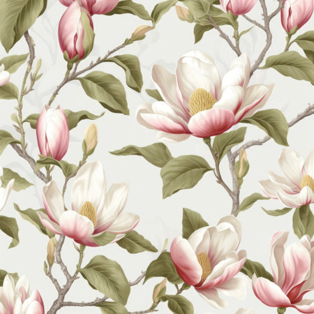 White magnolia flowers on white background, created using generative ai technology. Magnolia, flower, nature and spring concept digitally generated image.の素材