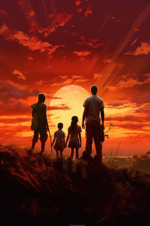 Silhouette of couple with son and daughter at sunset, created using generative ai technology. Sunset family silhouette and nature concept digitally generated image.の素材