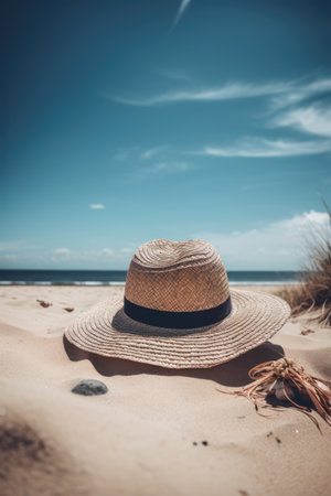 Close up of sunhat in sand on sunny day, created using generative ai technology. Sunhat, vacation, summer and sun concept digitally generated image.の素材