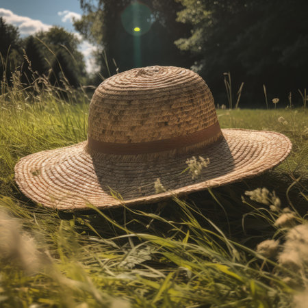 Close up of sunhat in grass on sunny day, created using generative ai technology. Sunhat, vacation, summer and sun concept digitally generated image.の素材