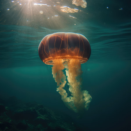 Close up of orange glowing jellyfish underwater, created using generative ai technology. Ocean life, fish and beauty in nature concept digitally generated image.の素材