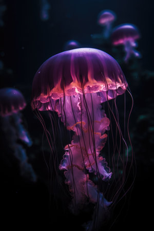 Close up of purple glowing jellyfish underwater, created using generative ai technology. Ocean life, fish and beauty in nature concept digitally generated image.の素材