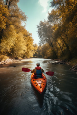 Rear view of man in kayak on calm lake with clear blue sky, created using generative ai technology. Kayaking on a lake, active lifestyle and nature concept digitally generated image.の素材