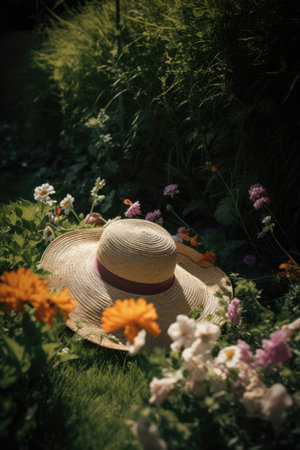 Close up of sunhat in grass and flowers on sunny day, created using generative ai technology. Sunhat, vacation, summer and sun concept digitally generated image.の素材