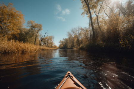 Orange kayak on calm lake with clear blue sky, created using generative ai technology. Kayaking on a lake, active lifestyle and nature concept digitally generated image.の素材
