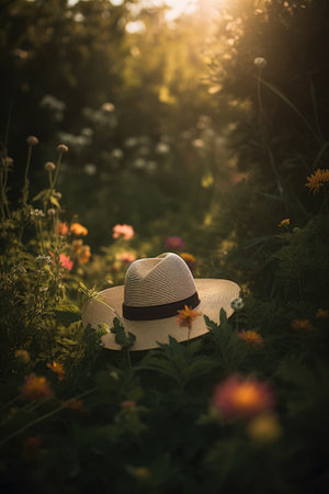 Close up of sunhat in grass and flowers on sunny day, created using generative ai technology. Sunhat, vacation, summer and sun concept digitally generated image.の素材