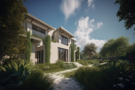 Modern white villa in tropical garden on sunny day, created using generative ai technology. Architecture and design concept digitally generated image.の素材
