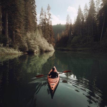 Rear view of woman in kayak on calm lake with clear blue sky, created using generative ai technology. Kayaking on a lake, active lifestyle and nature concept digitally generated image.の素材