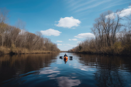 Rear view of man in kayak on calm lake with clear blue sky, created using generative ai technology. Kayaking on a lake, active lifestyle and nature concept digitally generated image.の素材