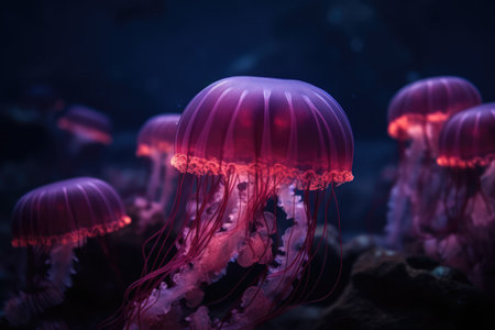 Close up of purple glowing jellyfish underwater, created using generative ai technology. Ocean life, fish and beauty in nature concept digitally generated image.の素材