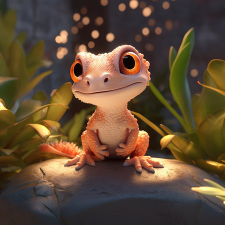 Close up of cute gecko on stone in nature, created using generative ai technology. Wildlife and beauty and nature concept digitally generated image.の素材