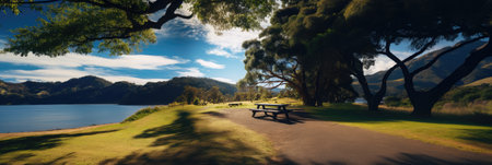 Scenic landscape of national park with mountains, created using generative ai technology. National park, scenery and beauty in nature concept digitally generated image.の素材
