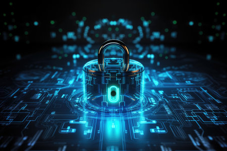 Glowing padlock with computer circuit board, created using generative ai technology. Online internet cyber security, computing and data processing concept digitally generated image.の素材