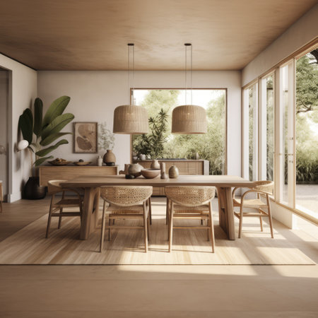 Dining room interior with table plants and decorations created using generative ai technology. Boho, furniture, style, design and interior decoration concept digitally generated image.の素材