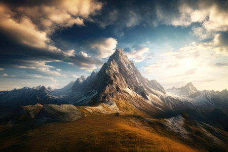 General view of snowy mountain peak and clouds, created using generative ai technology. Landscape, scenery and beauty in nature concept digitally generated image.の素材