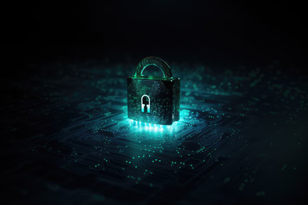 Glowing padlock with circuit board on black background, created using generative ai technology. Online internet cyber security, computing and data processing concept digitally generated image.の素材