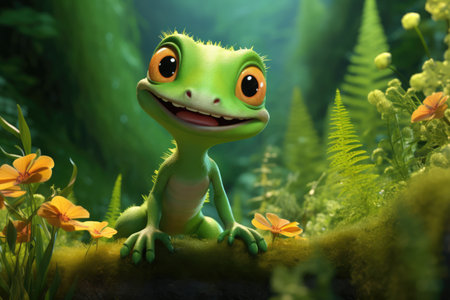 Close up of cute gecko on branch in nature, created using generative ai technology. Wildlife and beauty and nature concept digitally generated image.の素材