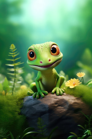 Close up of cute gecko on stone in nature, created using generative ai technology. Wildlife and beauty and nature concept digitally generated image.の素材