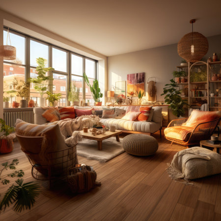 Living room interior with sofa, plants and decorations created using generative ai technology. Boho, furniture, style, design and interior decoration concept digitally generated image.の素材