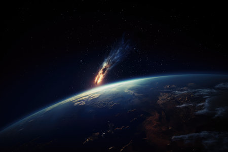 Comet in space with glowing light and stars over earth, created using generative ai technology. Outer space, galaxy, comet and nature concept digitally generated image.の素材