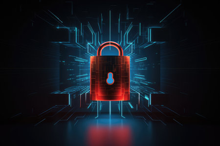 Glowing padlock with computer circuit board, created using generative ai technology. Online internet cyber security, computing and data processing concept digitally generated image.の素材