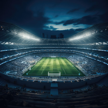 Lit empty football stadium at night, created using generative ai technology. Sports, competition and architecture concept digitally generated image.の素材