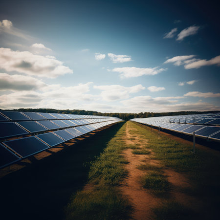 Solar panels on field and blue sky with clouds, created using generative ai technology. Energy, ecology, environment and nature concept digitally generated image.の素材