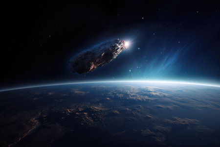 Comet in space with glowing light and stars over earth, created using generative ai technology. Outer space, galaxy, comet and nature concept digitally generated image.の素材