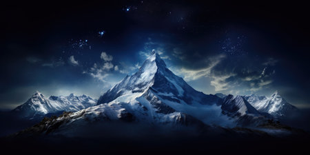 General view of snowy mountain peak and clouds, created using generative ai technology. Landscape, scenery and beauty in nature concept digitally generated image.の素材