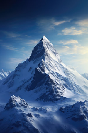 General view of snowy mountain peak and clouds, created using generative ai technology. Landscape, scenery and beauty in nature concept digitally generated image.の素材