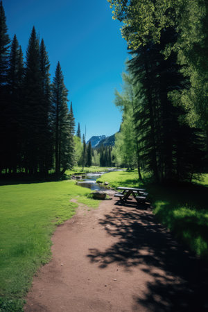 Landscape of national park with stream and mountains, created using generative ai technology. National park, scenery and beauty in nature concept digitally generated image.の素材