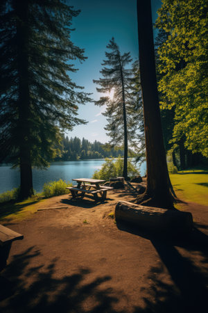 Landscape of national park with lake and forest, created using generative ai technology. National park, scenery and beauty in nature concept digitally generated image.の素材