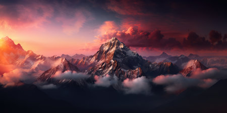 General view of mountain peak and orange clouds, created using generative ai technology. Landscape, scenery and beauty in nature concept digitally generated image.の素材
