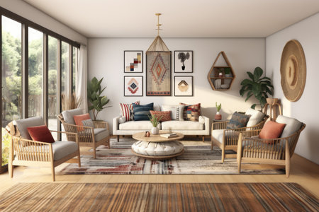 Living room interior with sofa, armchairs and decorations created using generative ai technology. Boho, furniture, style, design and interior decoration concept digitally generated image.の素材