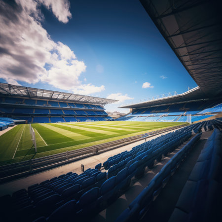 Empty football stadium on sunny day, created using generative ai technology. Sports, competition and architecture concept digitally generated image.の素材