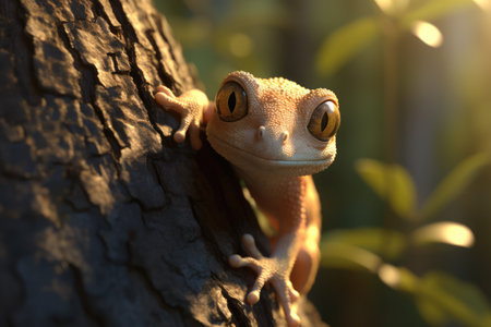 Close up of cute gecko on branch in nature, created using generative ai technology. Wildlife and beauty and nature concept digitally generated image.の素材